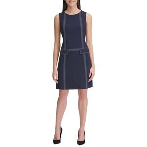 Tommy Hilfiger Navy and White Sleeveless Shift Dress with Faux Pockets on front